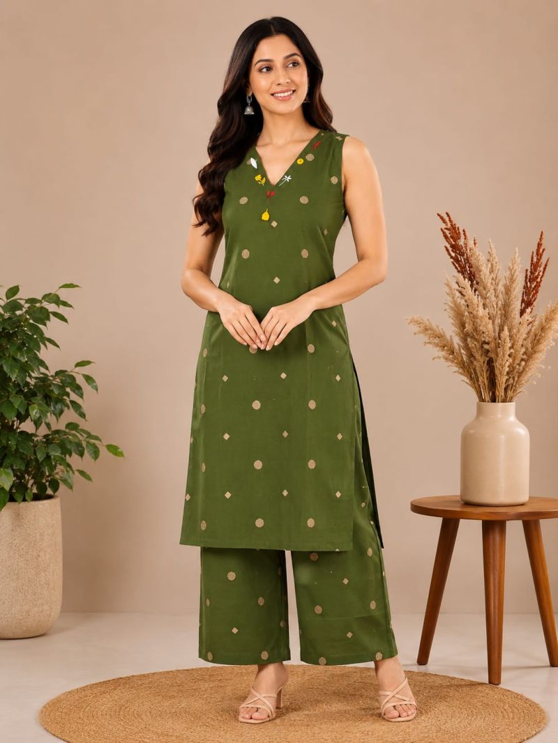 Naisha K 1355 Cotton Handloom Jamdhani Work Kurti With Bottom Catalog