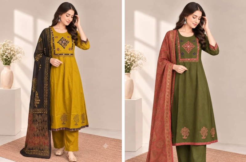 Naisha K 1359 Dhabu Cotton Block And Aplic Work Kurti With Bottom Dupatta Collection — Wholesale Kurtis wholesale from Surat — Photo 2