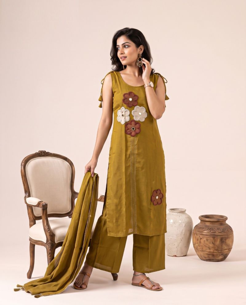 Naisha K 1362 Mul Chanderi Manual Work Kurti With Bottom Dupatta Catalog — Wholesale Kurtis, Vardan Ethnic wholesale from Surat — Photo 6