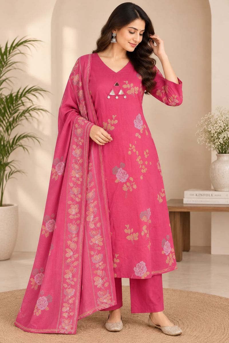 Naiska K 1281 Pure Cotton Printed Aline Kurti With Bottom Dupatta Collection — Wholesale Kurtis, Vardan Ethnic wholesale from Surat — Photo 4