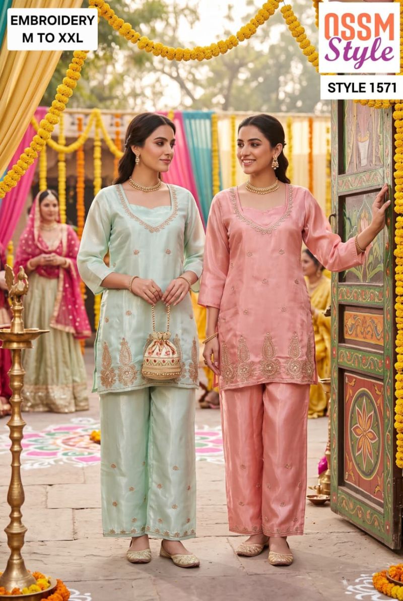 Ossm Style 1571 Roman Glass Embroidered Kurti With Bottom Collection