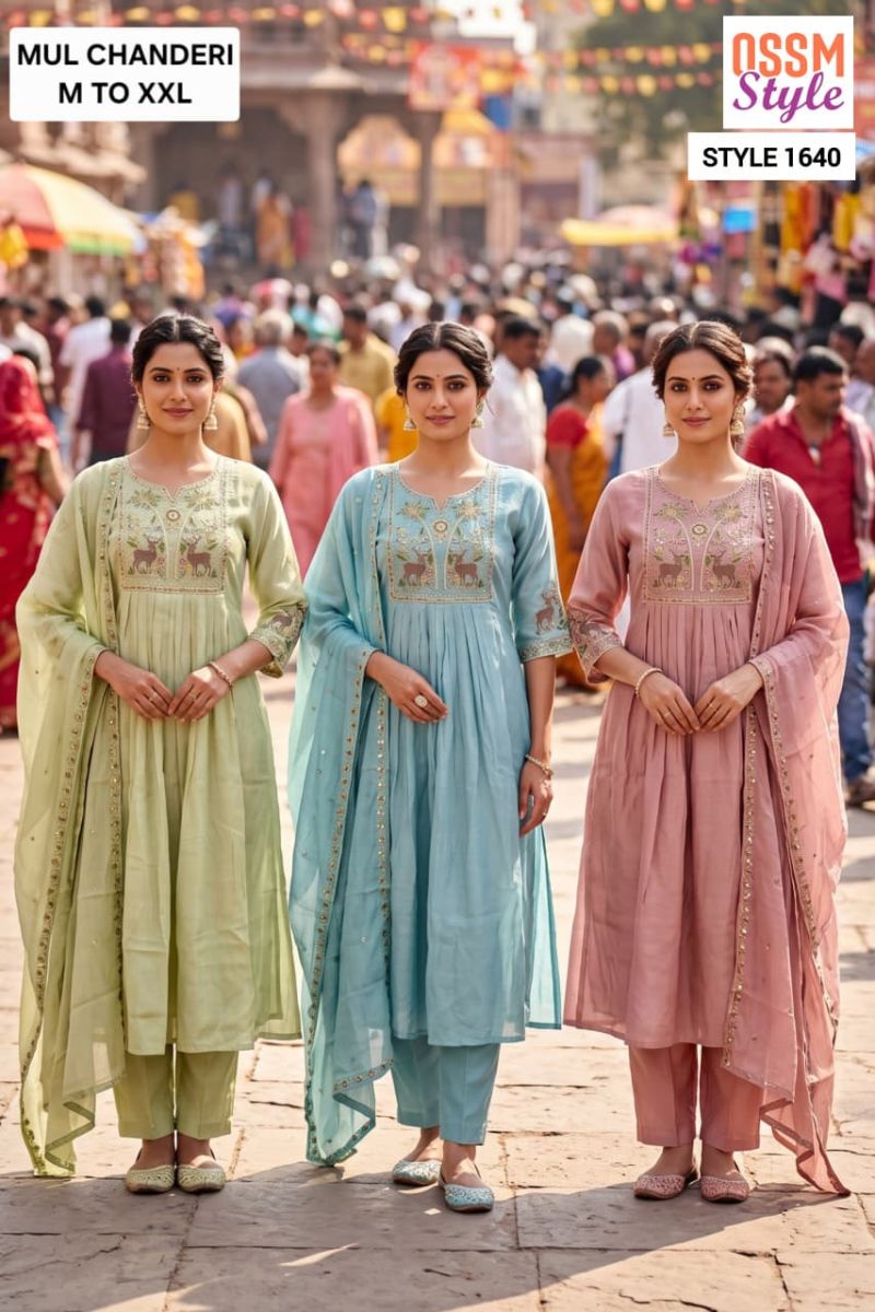 Ossm Style 1640 And 1656 Mul Chanderi Hand Work Kurti With Bottom Dupatta Catalog — Wholesale Kurtis, Ossm wholesale from Surat — Photo 3