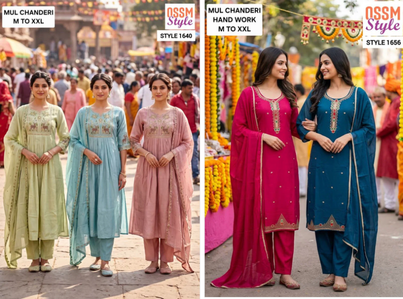 Ossm Style 1640 And 1656 Mul Chanderi Hand Work Kurti With Bottom Dupatta Catalog — Wholesale Kurtis, Ossm wholesale from Surat — Photo 2