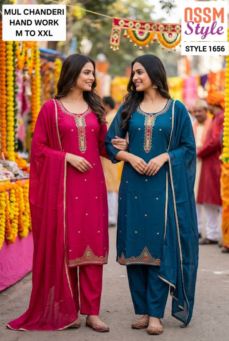 Ossm Style 1640 And 1656 Mul Chanderi Hand Work Kurti With Bottom Dupatta Catalog