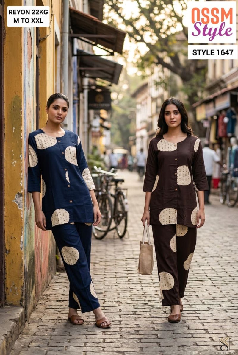 Ossm Style 1646 To 1650 Rayon Discharge Print Co Ord Set Collection — Wholesale, Ossm wholesale from Surat — view 3