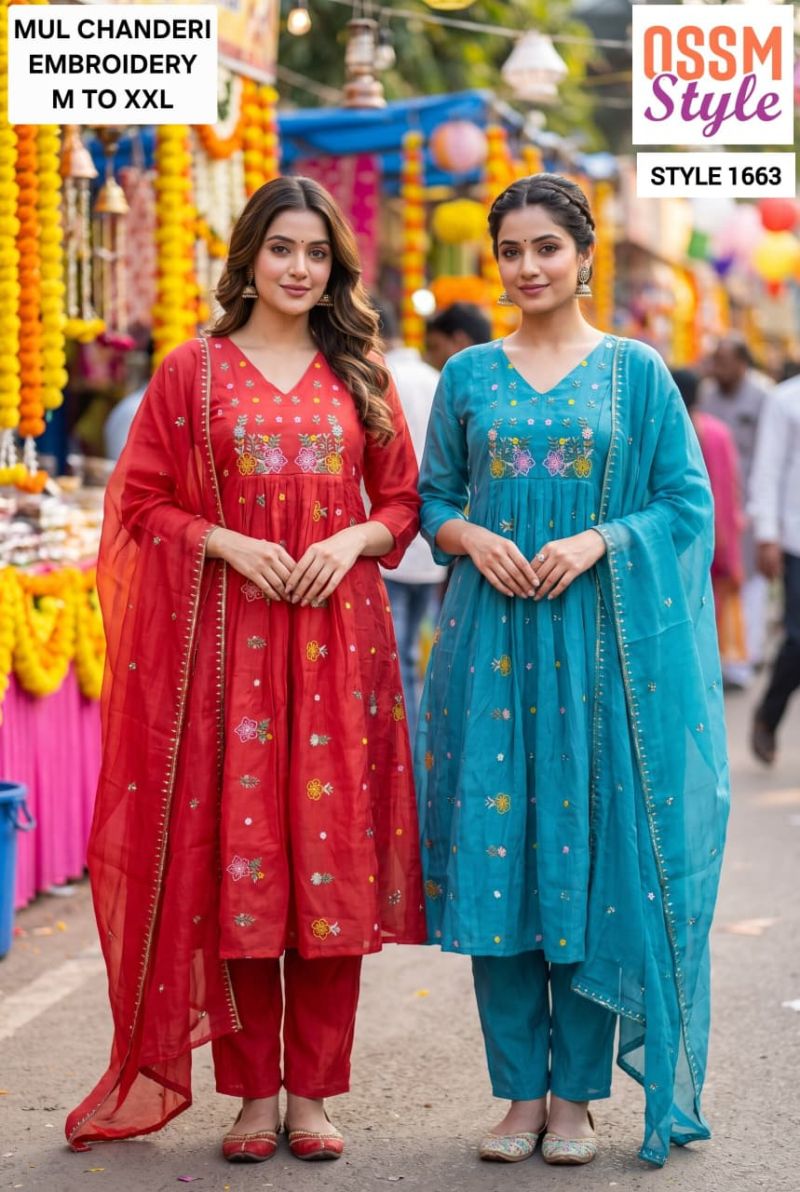 Ossm Style 1663 Mul Chanderi Embroidered Kurti WIth Bottom Dupatta Collection