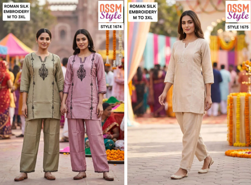 Ossm Style 1674 And 1675 Roman Silk Embroidered Co Ord Set Collection — Wholesale Kurti Pant Set, Ossm wholesale from Surat — view 3
