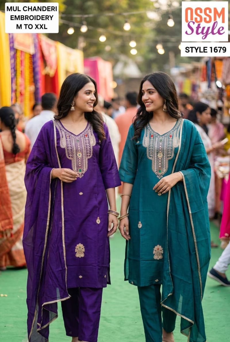 Ossm Style 1679 Mul Chanderi Embroidered Kurti With Bottom Dupatta Catalog