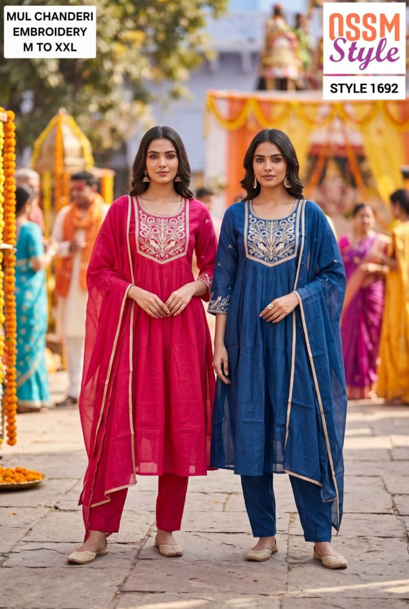 Ossm Style 1692 Mul Chanderi Embroidered Kurti With Bottom Dupatta
