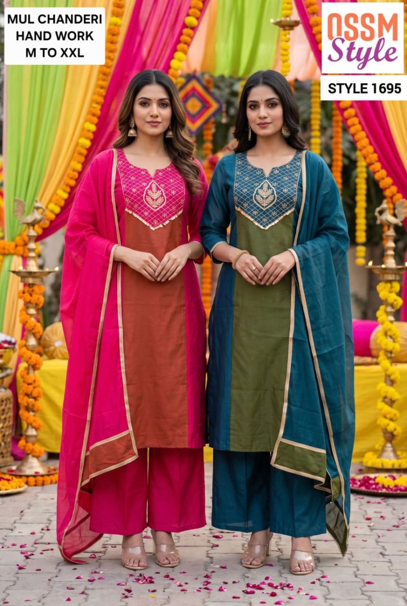 Ossm Style 1695 Mul Chanderi Hand Work Kurti With Bottom Dupatta