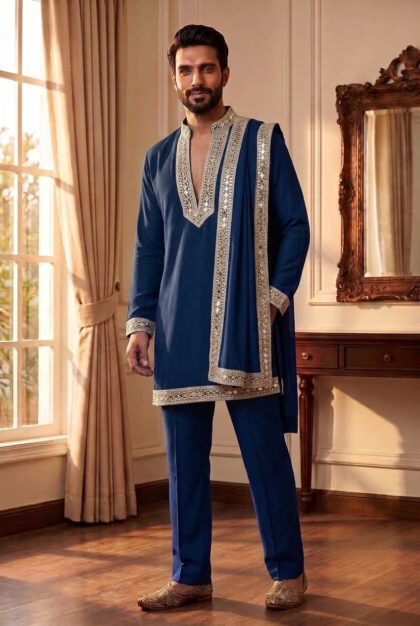 Outluk Wedding 52 Navratri Special Mirror Work Kurta With Pant Dupatta — Men's Wear, Vardan Ethnic wholesale from Surat — view 4