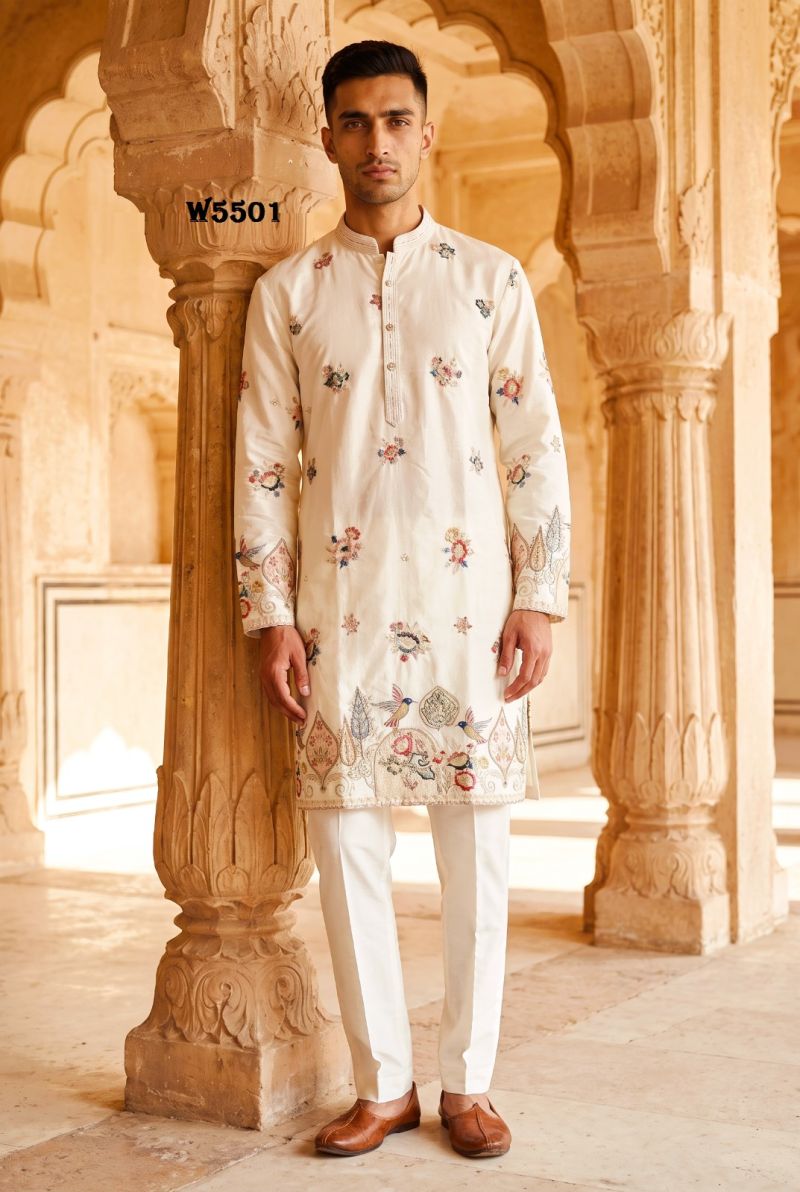 Outluk Wedding 55 Mna Wear Lachaka Silk Embroidered Kurta With Bottom Catalog — Men's Wear, Outluk wholesale from Surat — Photo 3