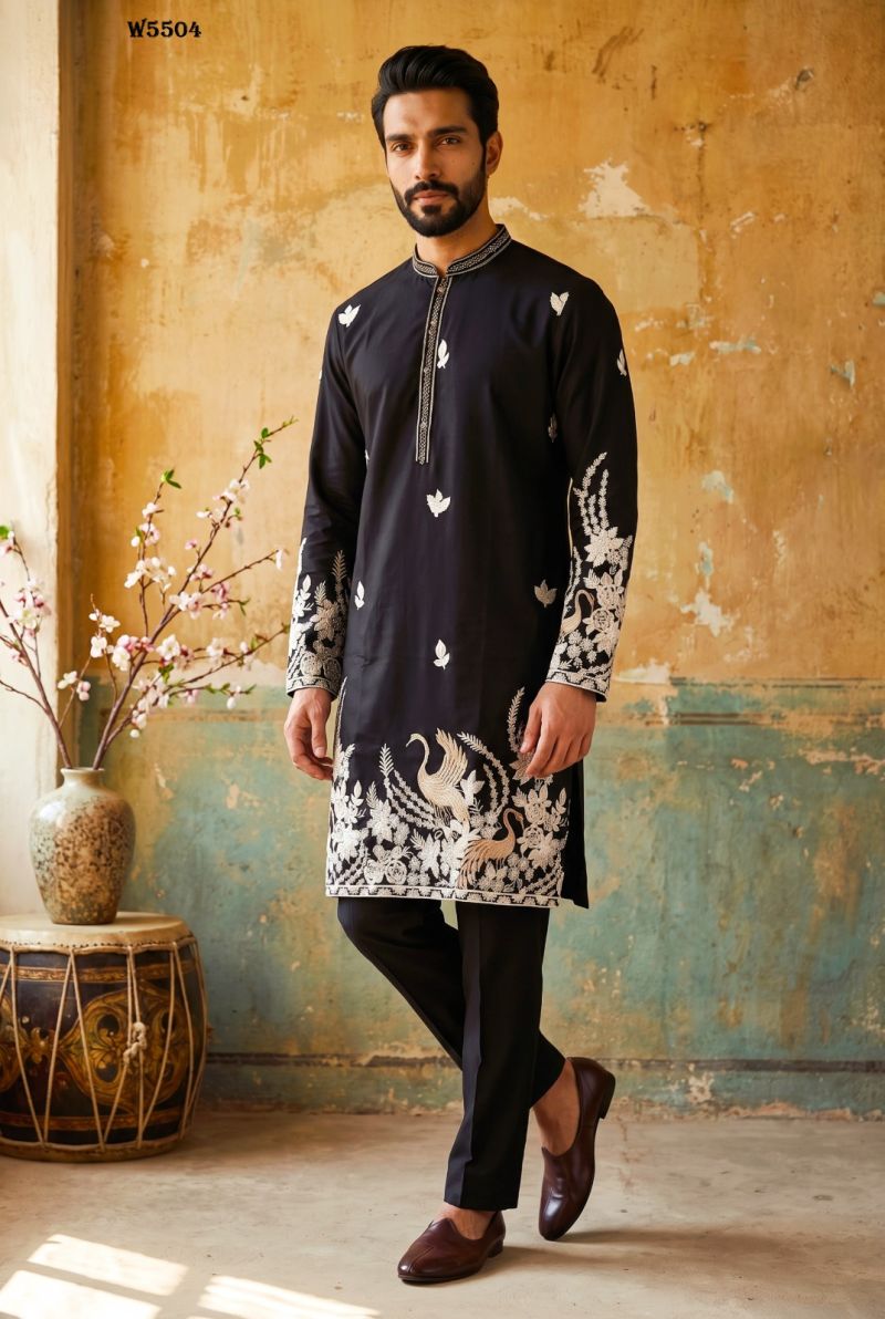 Outluk Wedding 55 Mna Wear Lachaka Silk Embroidered Kurta With Bottom Catalog — Men's Wear, Outluk wholesale from Surat — Photo 2