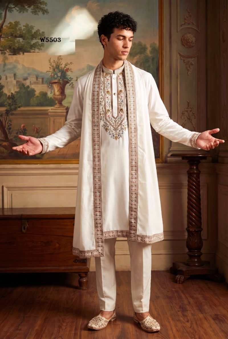 Outluk Wedding 55 Mna Wear Lachaka Silk Embroidered Kurta With Bottom Catalog — Men's Wear, Outluk wholesale from Surat — Photo 10