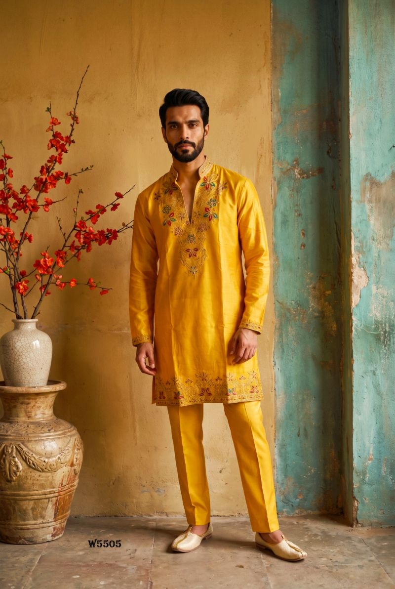 Outluk Wedding 55 Mna Wear Lachaka Silk Embroidered Kurta With Bottom Catalog — Men's Wear, Outluk wholesale from Surat — Photo 8