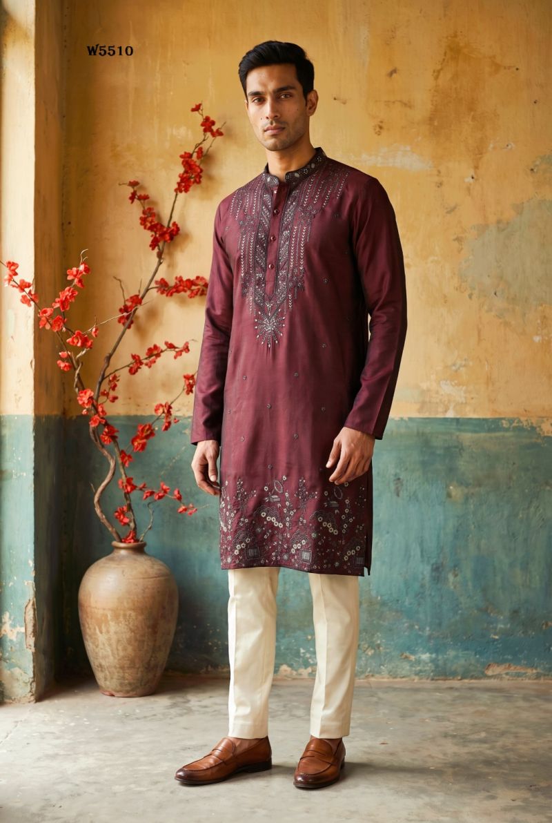 Outluk Wedding 55 Mna Wear Lachaka Silk Embroidered Kurta With Bottom Catalog — Men's Wear, Outluk wholesale from Surat — Photo 7