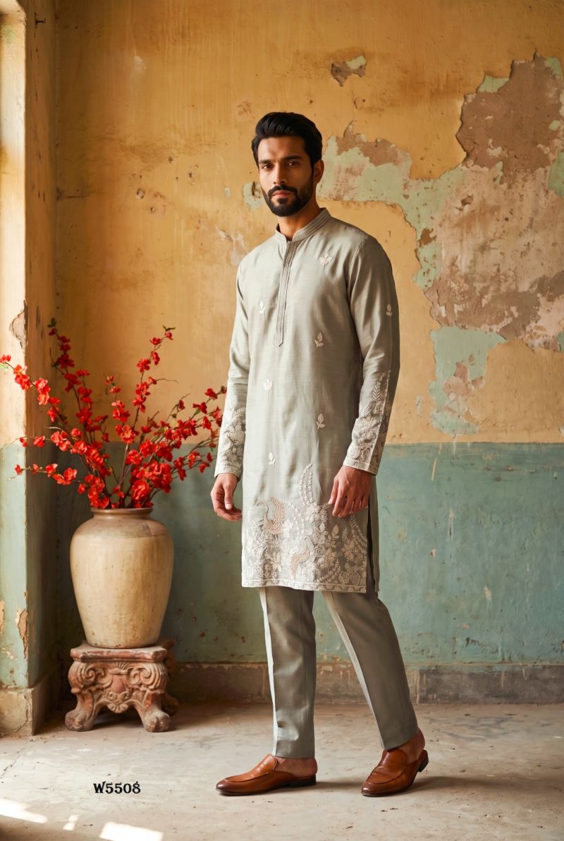 Outluk Wedding 55 Mna Wear Lachaka Silk Embroidered Kurta With Bottom Catalog — Men's Wear, Outluk wholesale from Surat — Photo 5