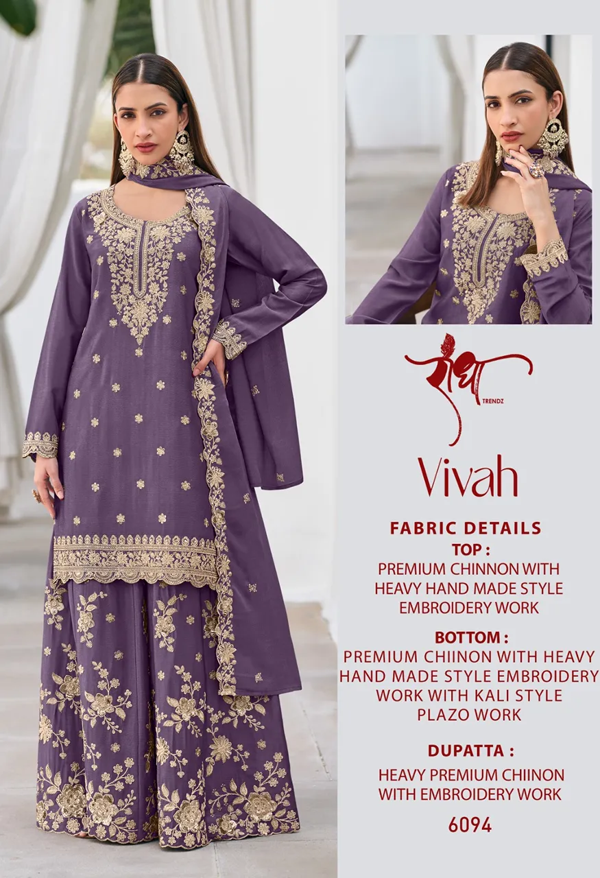 Radha Trendz Vivah Designer Chinon Suit Set Heavy Embroidery Top, Kali Flare Bottom Dupatta Set