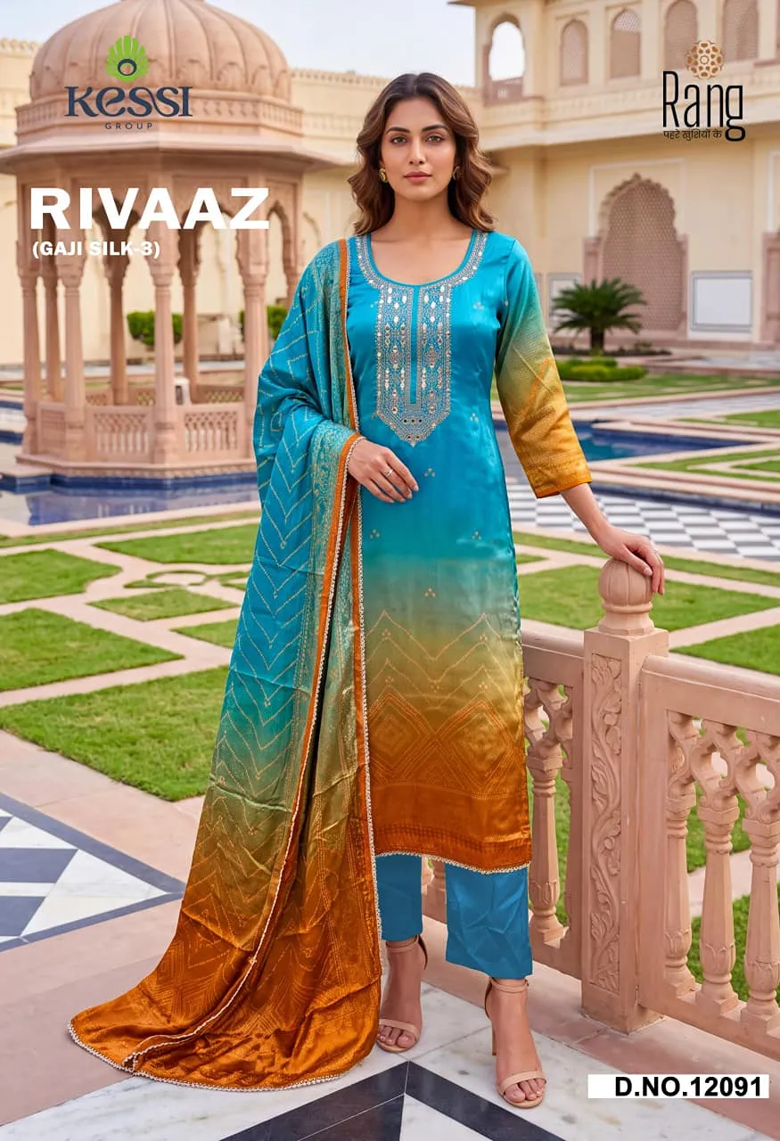 Rang Rivaaz Gaji Silk 3 Pure Gaji Silk Digital Print Suit with Embroidery Mirror Neck Work — Wholesale Dress Material, Vardan Ethnic wholesale from Surat — Photo 2
