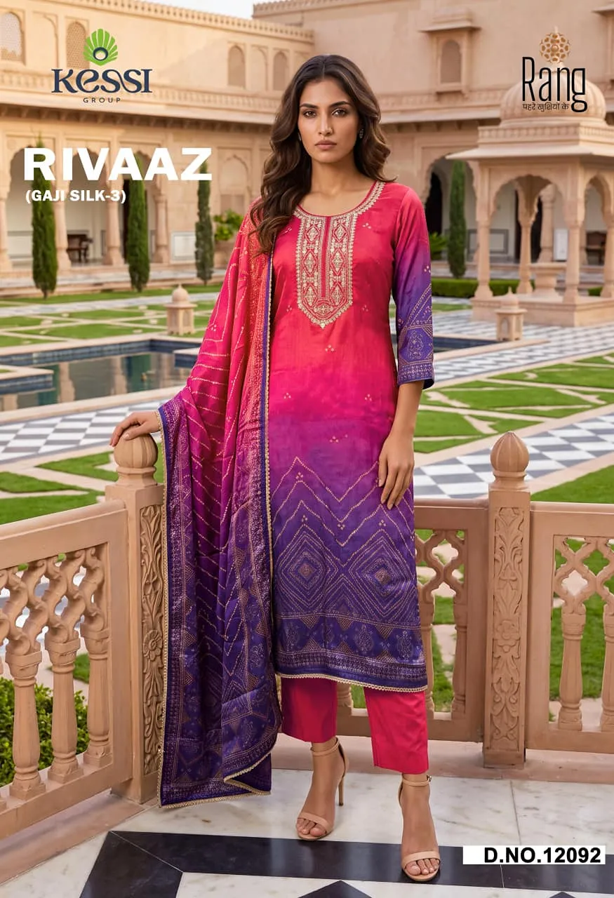 Rang Rivaaz Gaji Silk 3 Pure Gaji Silk Digital Print Suit with Embroidery Mirror Neck Work — Wholesale Dress Material, Vardan Ethnic wholesale from Surat — Photo 3