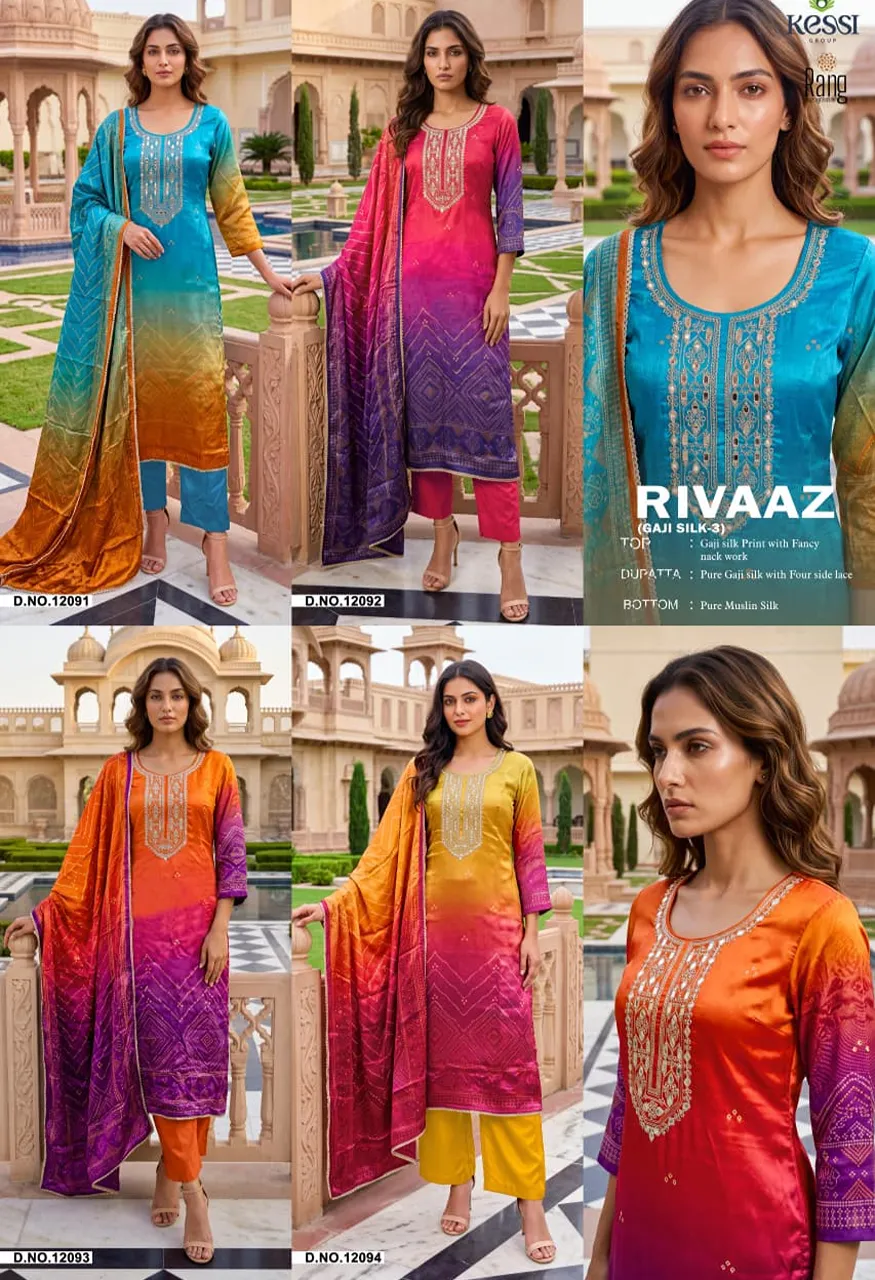 Rang Rivaaz Gaji Silk 3 Pure Gaji Silk Digital Print Suit with Embroidery Mirror Neck Work — Wholesale Dress Material, Vardan Ethnic wholesale from Surat — Photo 4