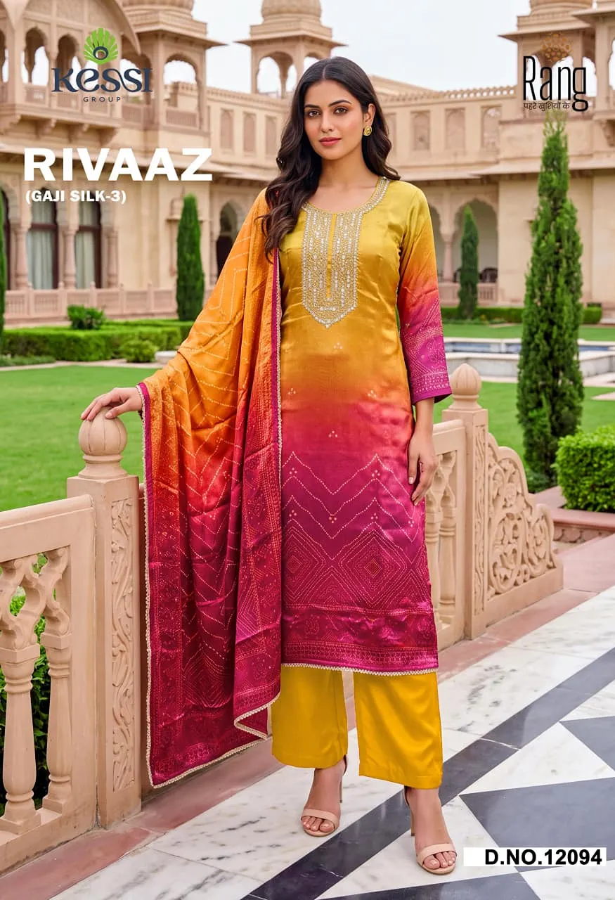 Rang Rivaaz Gaji Silk 3 Pure Gaji Silk Digital Print Suit with Embroidery Mirror Neck Work