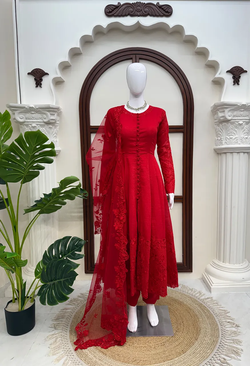 RTC 6076 Heavy Vichitra Silk Anarkali Suit with  Cotton Pant &amp; Butterfly Net Dupatta Set — Wholesale Kurtis, RTC wholesale from Surat — view 8