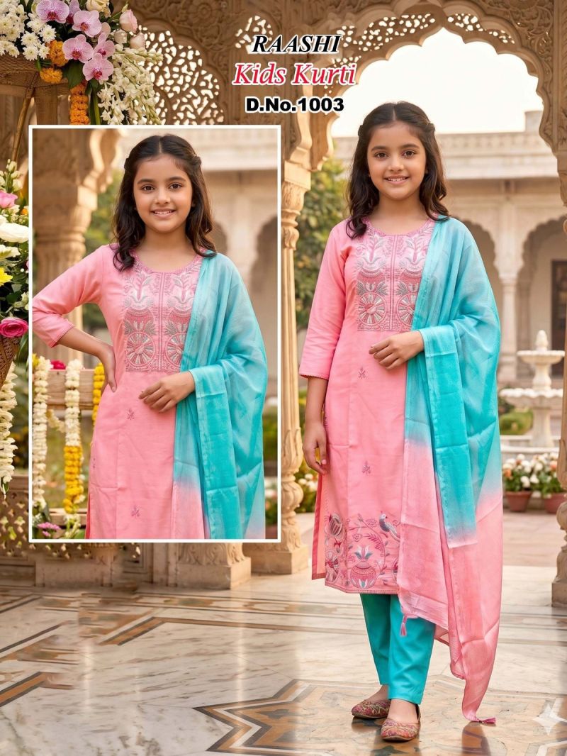 Raashi Kids Kurti Roman Silk Embroidered Kurti With Bottom Dupatta Collection — Kid's Wear, RAASHI wholesale from Surat — Photo 3