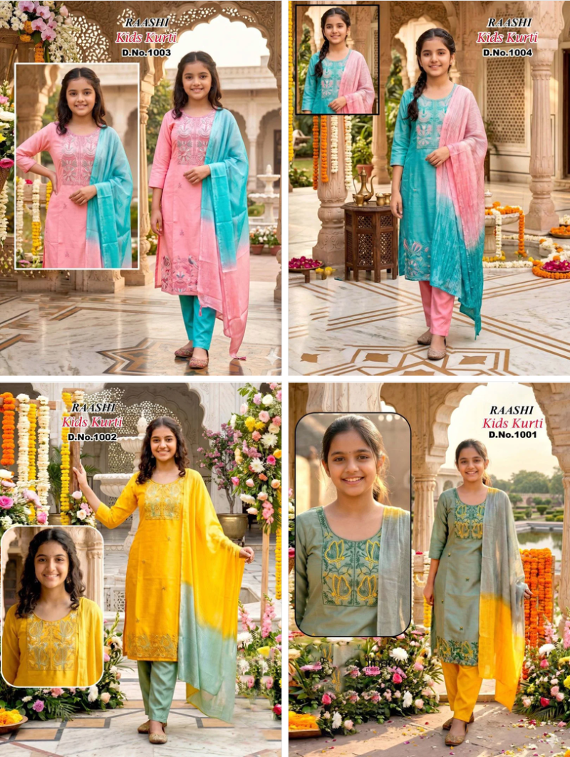 Raashi Kids Kurti Roman Silk Embroidered Kurti With Bottom Dupatta Collection — Kid's Wear, RAASHI wholesale from Surat — Photo 2