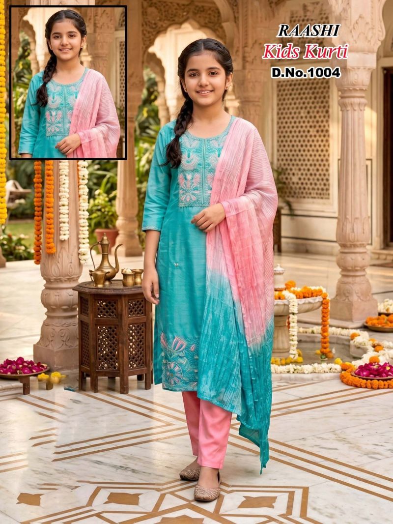 Raashi Kids Kurti Roman Silk Embroidered Kurti With Bottom Dupatta Collection