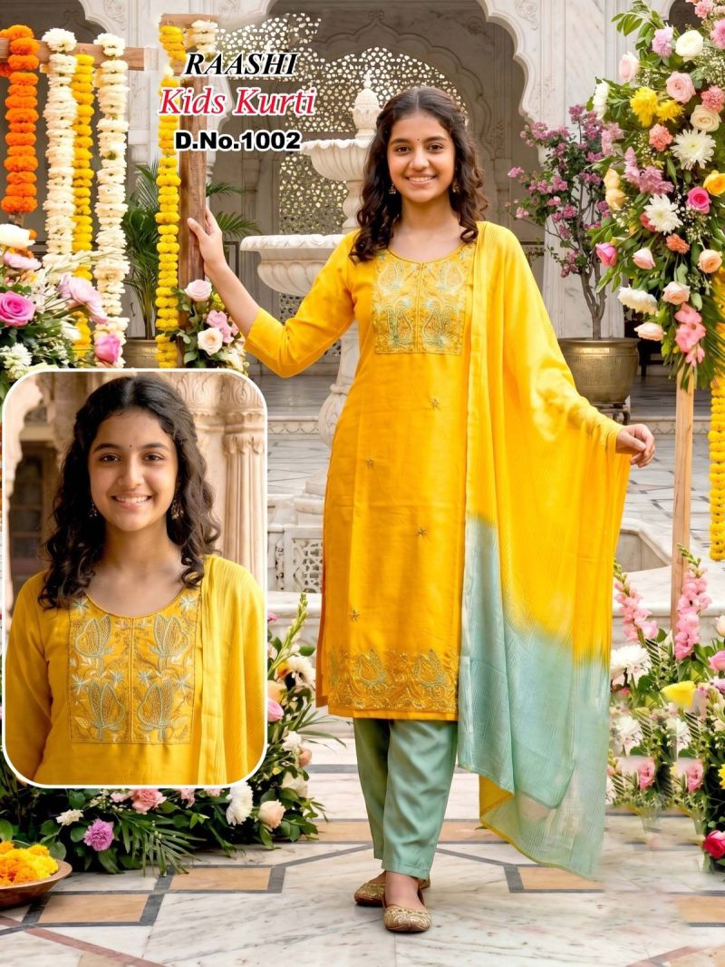 Raashi Kids Kurti Roman Silk Embroidered Kurti With Bottom Dupatta Collection — Kid's Wear, RAASHI wholesale from Surat — Photo 5