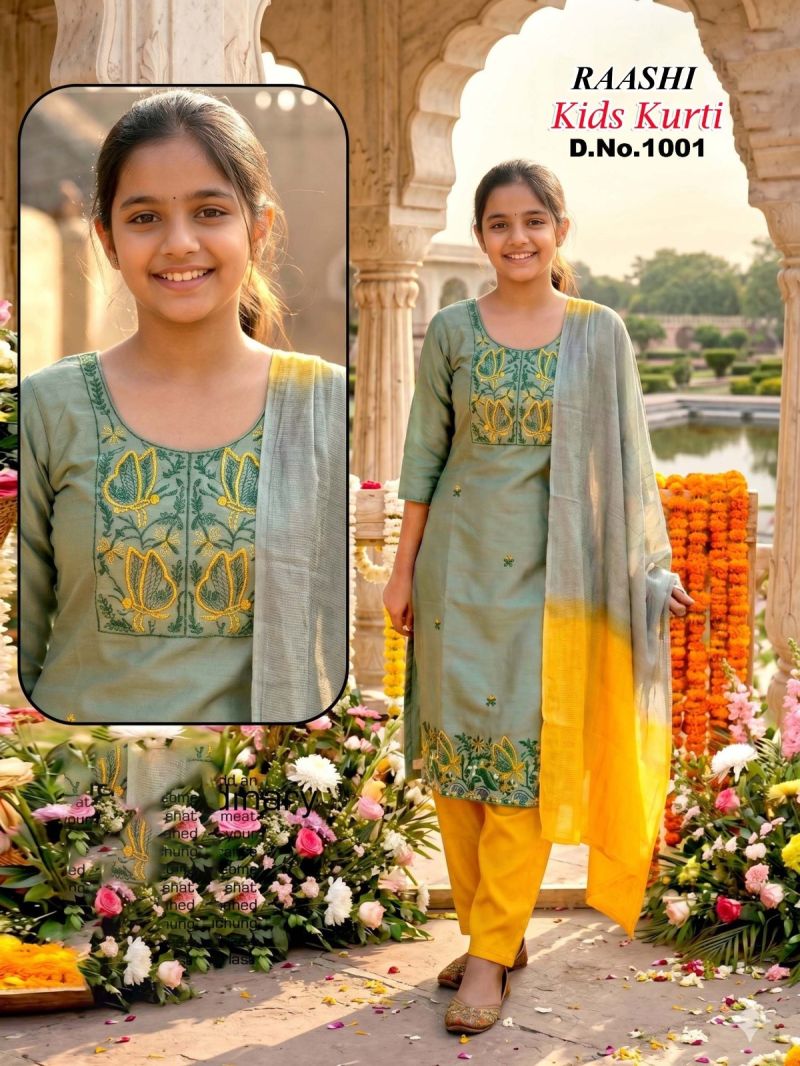 Raashi Kids Kurti Roman Silk Embroidered Kurti With Bottom Dupatta Collection — Kid's Wear, RAASHI wholesale from Surat — Photo 4