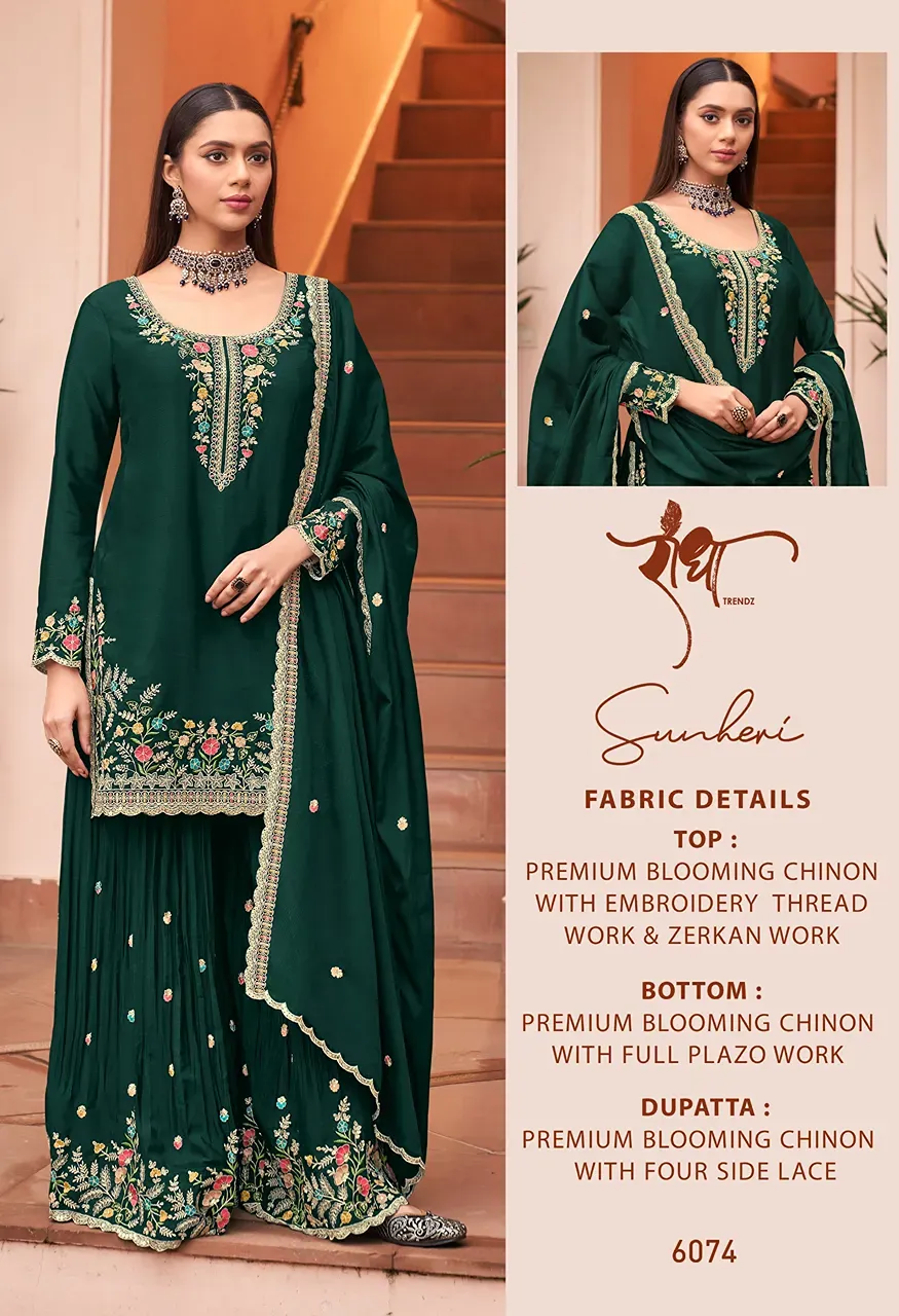 Radha Trendz Sunheri Premium Blooming Chinon Embroidered Piece Stitched Suit Set — Wholesale Kurtis, Radha Trendz wholesale from Surat — view 5