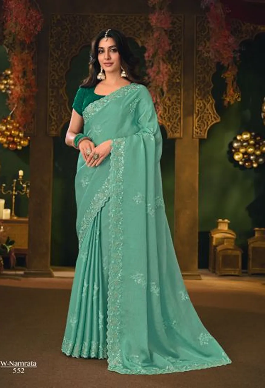 Rajguru Namrata Vol 3 Wholesale Silk Chiffon Embroidered Designer Saree Collection — Designer Partywear Sarees, Rajguru wholesale from Surat — Photo 2
