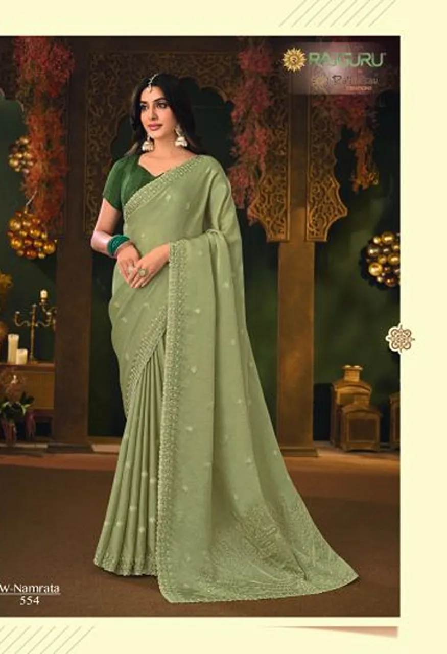 Rajguru Namrata Vol 3 Wholesale Silk Chiffon Embroidered Designer Saree Collection — Designer Partywear Sarees, Rajguru wholesale from Surat — Photo 6