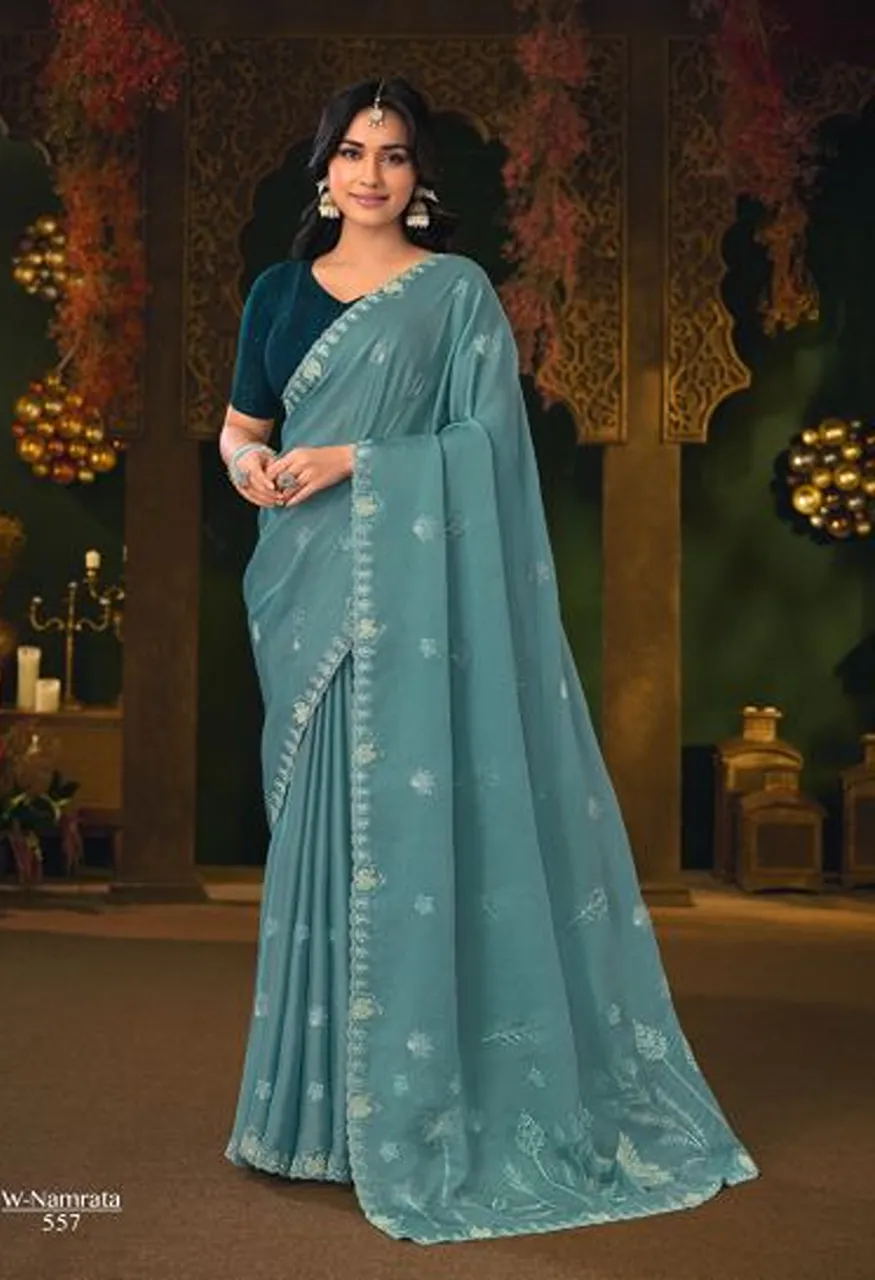 Rajguru Namrata Vol 3 Wholesale Silk Chiffon Embroidered Designer Saree Collection — Designer Partywear Sarees, Rajguru wholesale from Surat — Photo 4