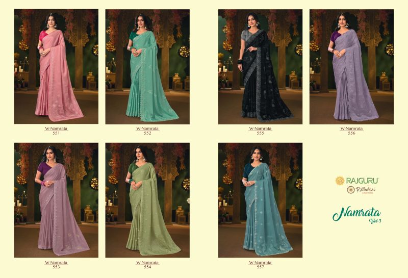 Rajguru Namrata Vol 3 Wholesale Silk Chiffon Embroidered Designer Saree Collection — Designer Partywear Sarees, Rajguru wholesale from Surat — Photo 9
