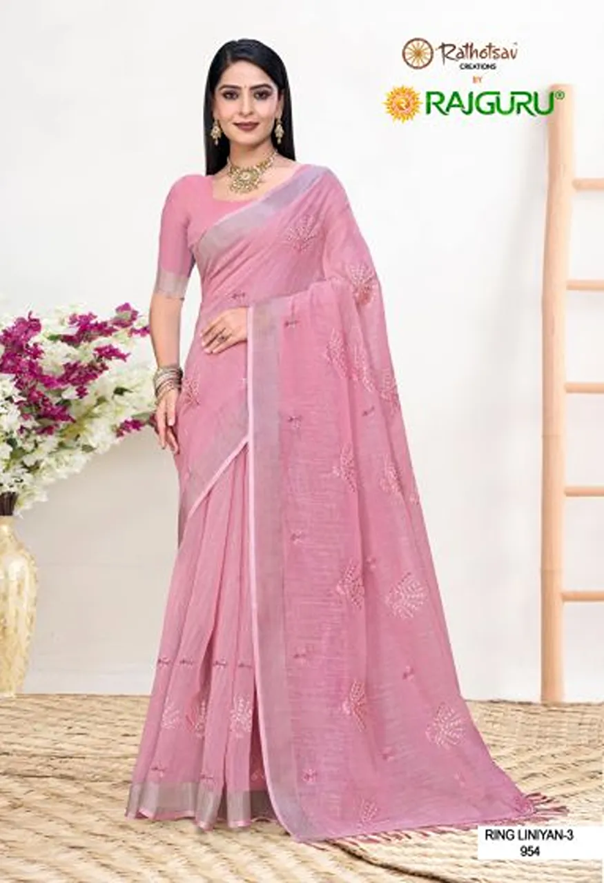 Rajguru Rang Liniyan Vol 3 Linen Embroidered Saree Collection