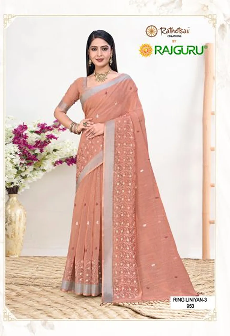 Rajguru Rang Liniyan Vol 3 Linen Embroidered Saree Collection — Designer Partywear Sarees, Rajguru wholesale from Surat — Photo 4