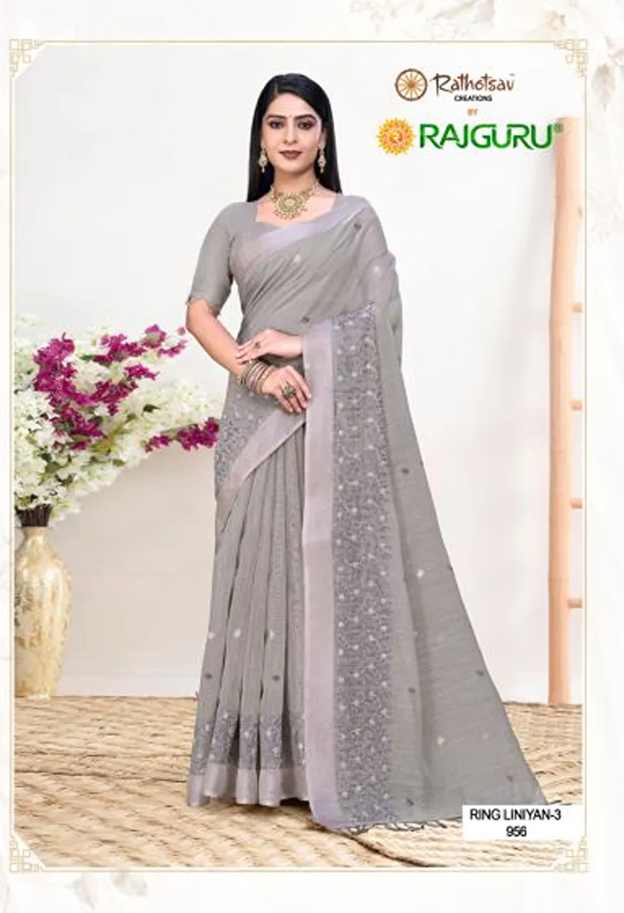 Rajguru Rang Liniyan Vol 3 Linen Embroidered Saree Collection — Designer Partywear Sarees, Rajguru wholesale from Surat — Photo 2