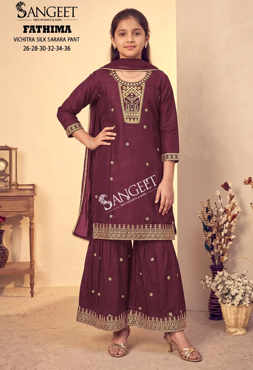 Sangeet Fathima Vichitra Blooming Silk Top Pant Dupatta Sarara Plazzo Set — Kid's Wear, Sangeet wholesale from Surat — view 2