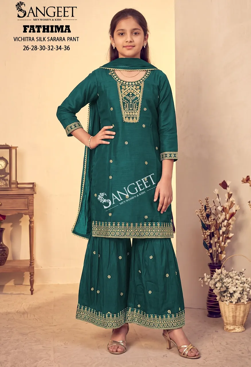 Sangeet Fathima Vichitra Blooming Silk Top Pant Dupatta Sarara Plazzo Set — Kid's Wear, Sangeet wholesale from Surat — view 4