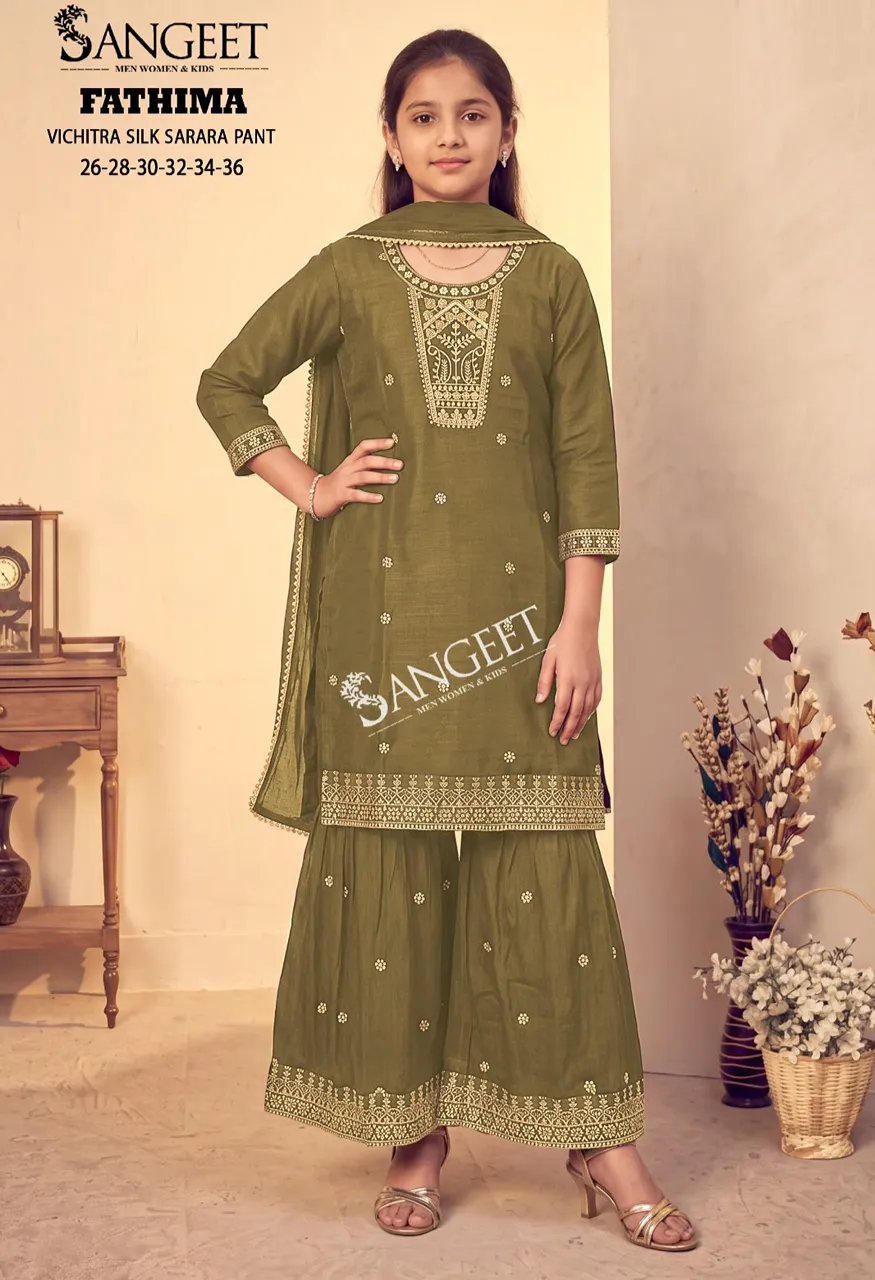 Sangeet Fathima Vichitra Blooming Silk Top Pant Dupatta Sarara Plazzo Set — Kid's Wear, Sangeet wholesale from Surat — view 7