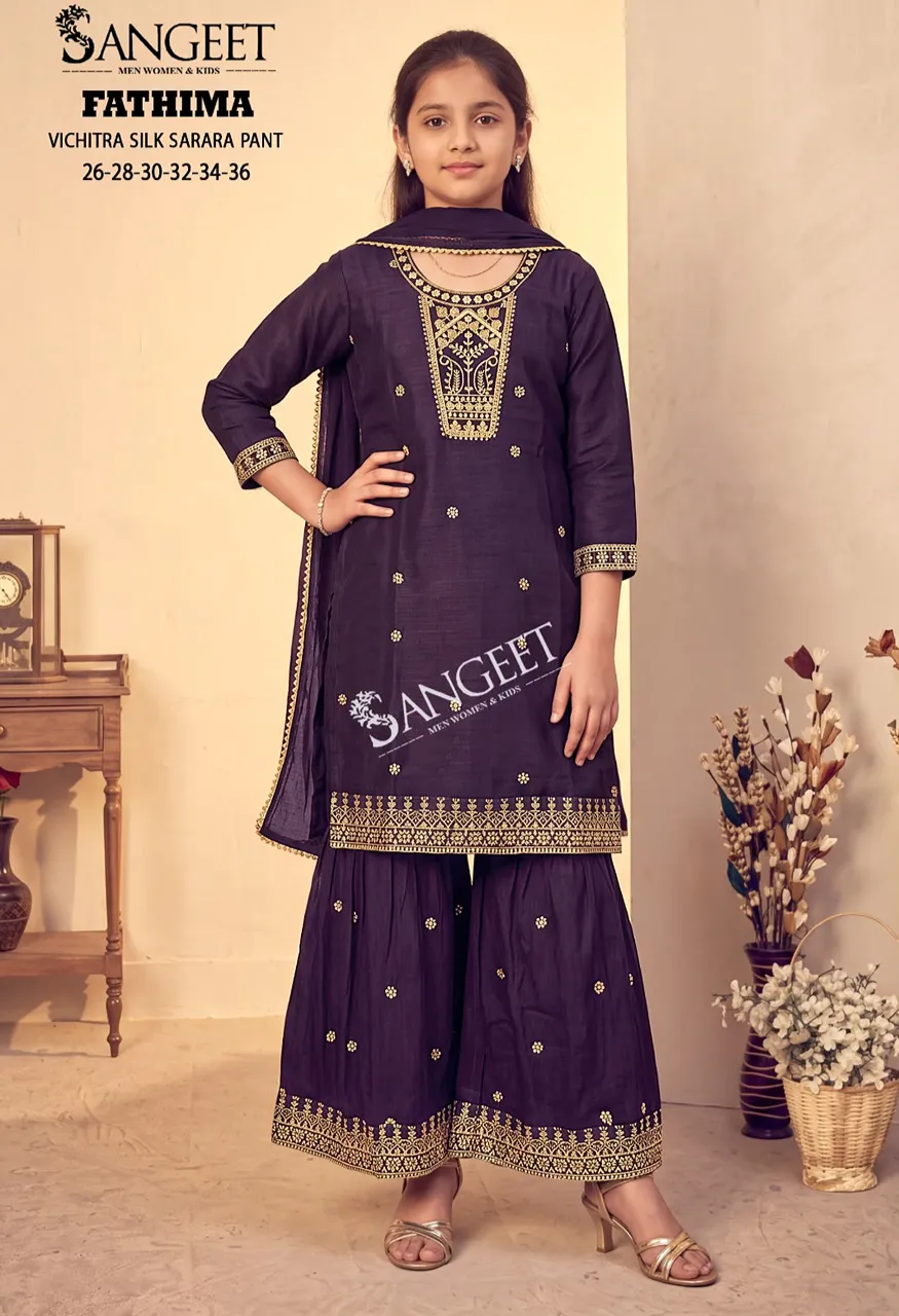 Sangeet Fathima Vichitra Blooming Silk Top Pant Dupatta Sarara Plazzo Set — Kid's Wear, Sangeet wholesale from Surat — view 8