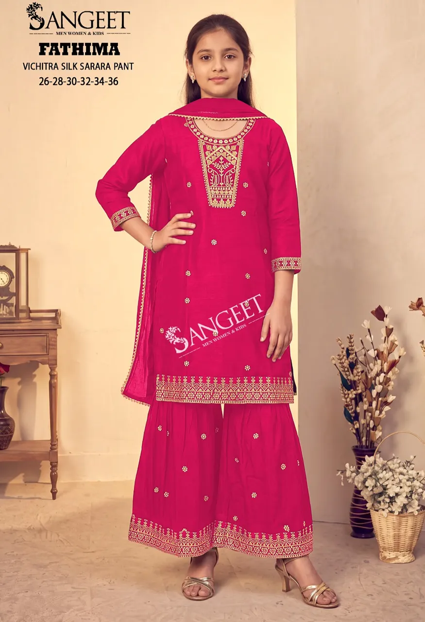 Sangeet Fathima Vichitra Blooming Silk Top Pant Dupatta Sarara Plazzo Set — Kid's Wear, Sangeet wholesale from Surat — view 9
