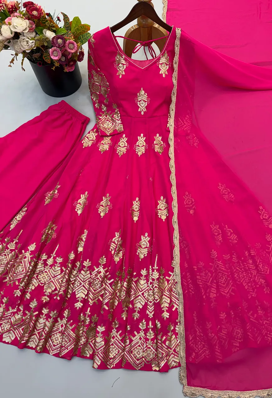 Heavy Georgette Embroidered Sequence Gown Set with Pant Dupatta — Wholesale Anarkali Kurti, Vardan Ethnic wholesale from Surat — Photo 7
