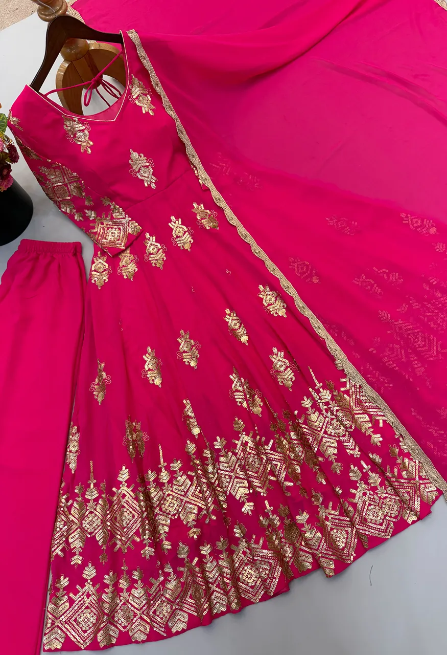 Heavy Georgette Embroidered Sequence Gown Set with Pant Dupatta — Wholesale Anarkali Kurti, Vardan Ethnic wholesale from Surat — Photo 8