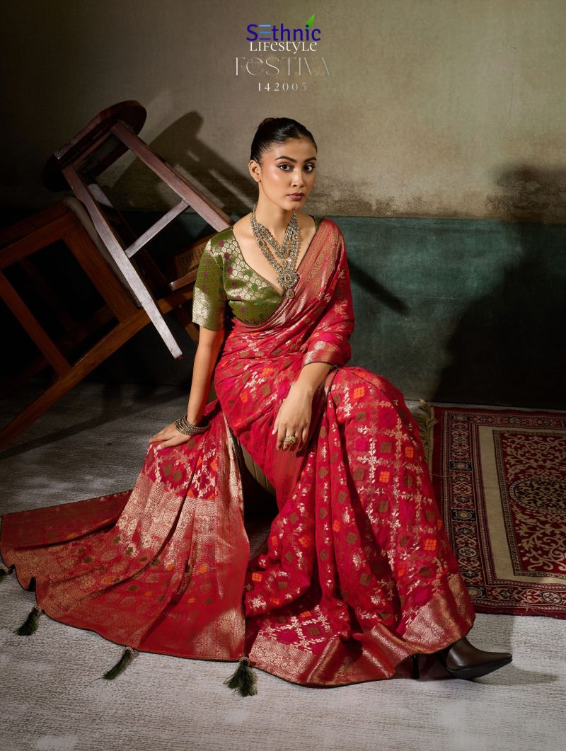 Sethnic Festiva Khadi Georgette Hand Dyed Meenakari Work Saree Collection — Festival Sarees, Sethnic wholesale from Surat — view 9