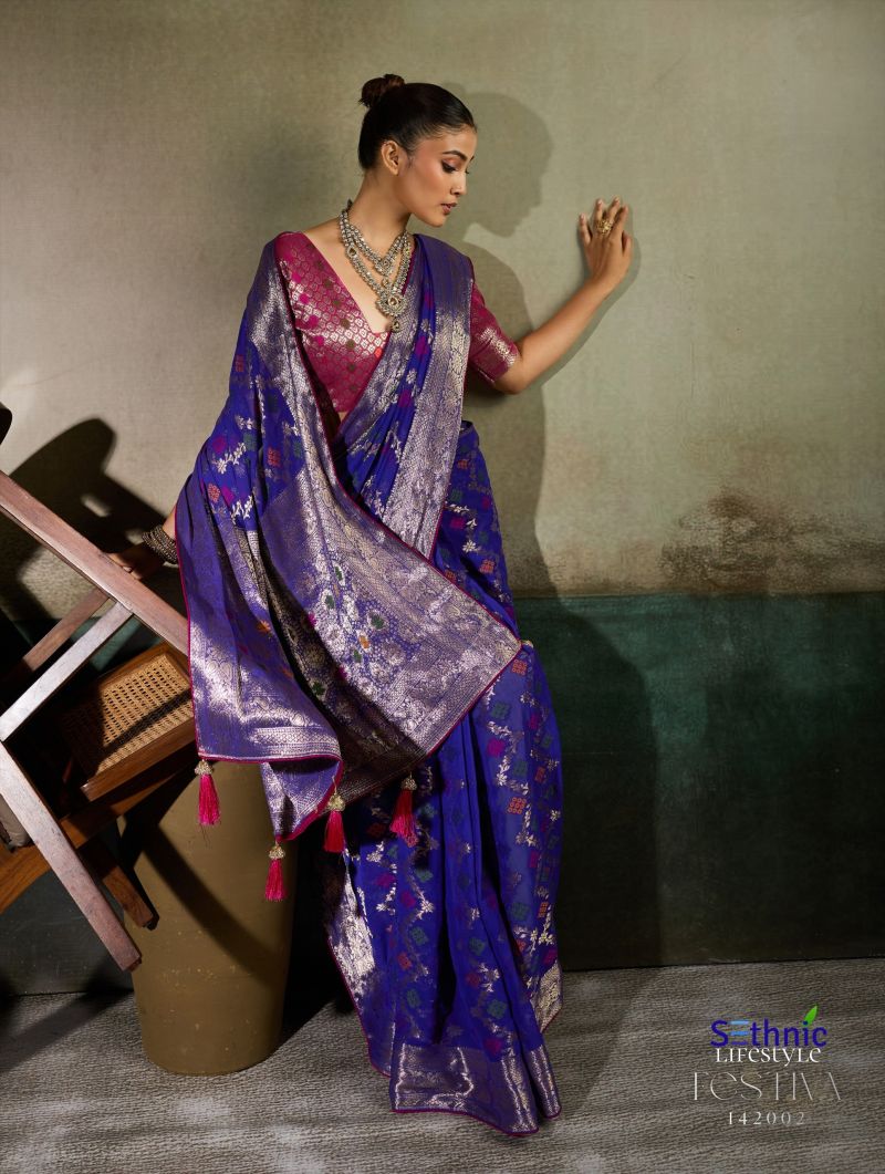 Sethnic Festiva Khadi Georgette Hand Dyed Meenakari Work Saree Collection — Festival Sarees, Sethnic wholesale from Surat — view 8
