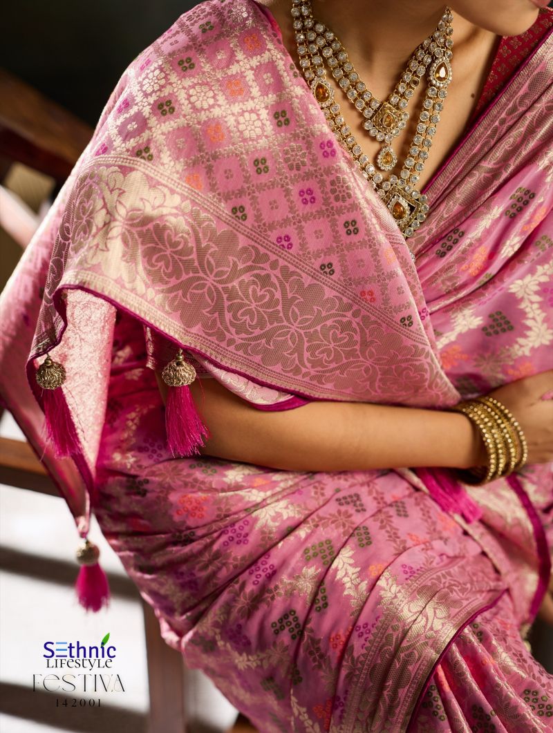 Sethnic Festiva Khadi Georgette Hand Dyed Meenakari Work Saree Collection — Festival Sarees, Sethnic wholesale from Surat — view 7